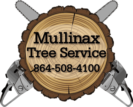 Mullinax Tree Service logo, a wood cookie with crossed chainsaws
